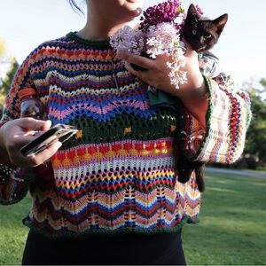 Colorful Knit Sweater crochet size L bell sleeves